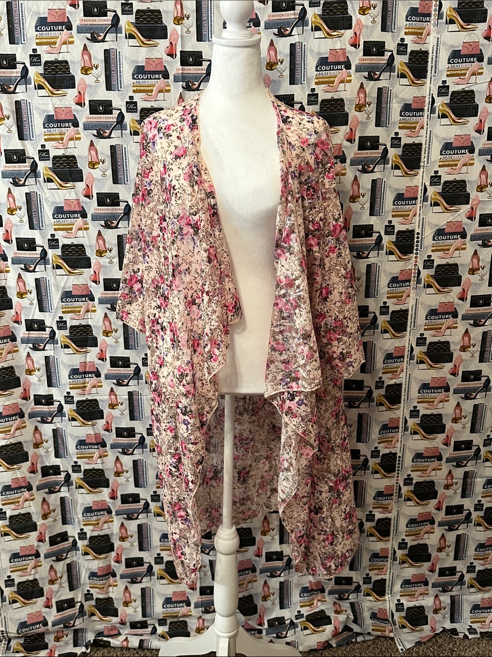 LuLaRoe Floral Open Front Kimono - Pink, Cream, Black